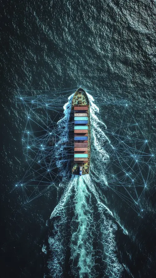 cargo ship digital network overlay sea aerial view navigating ocean waters enhanced effect symbolizing 363698524